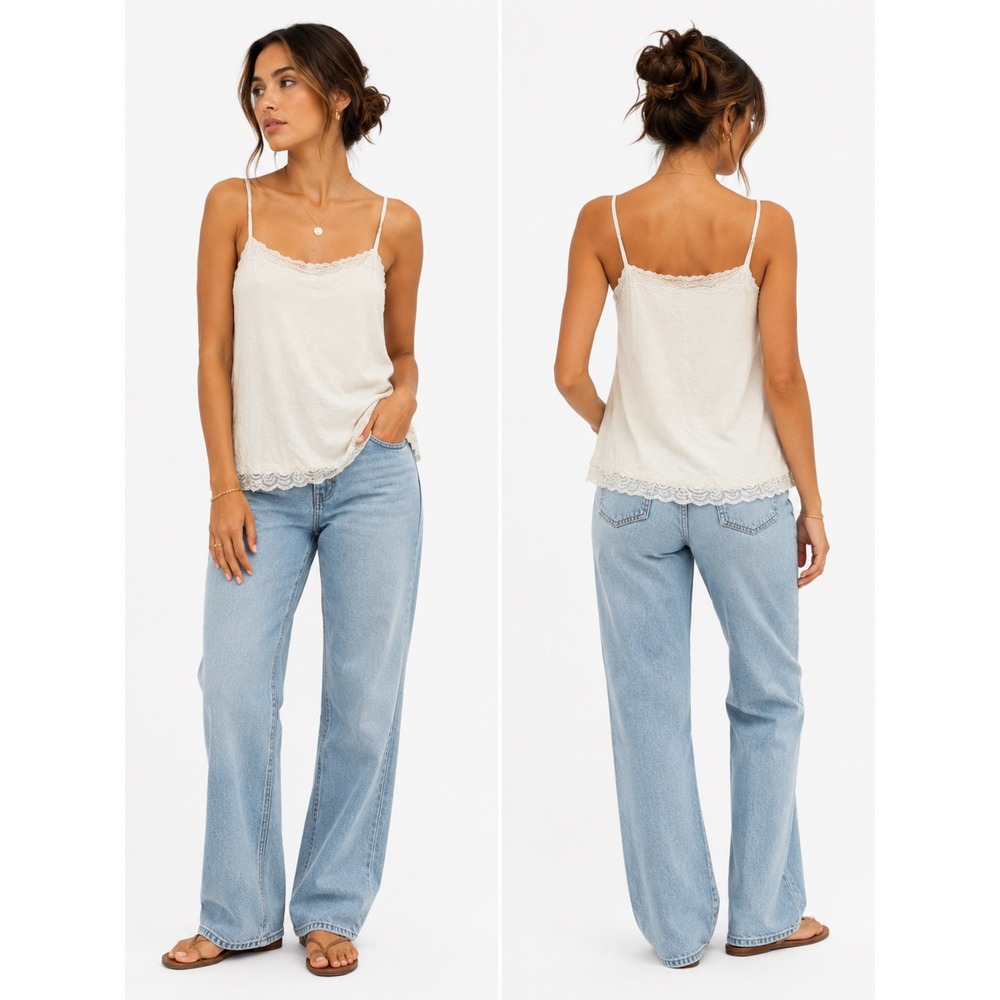 Sonoma Camisole Women L White Lace Trim Adjustable Strap Cotton Blend‎ Cami Top